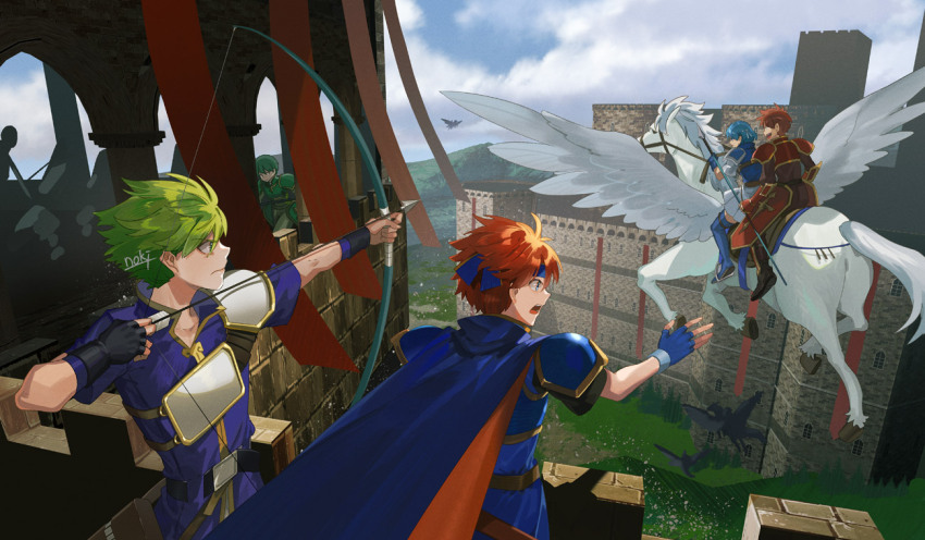 alen_(fire_emblem) blue_cape blue_shirt bow_(weapon) brick_wall cape castle cloud cloudy_sky fire_emblem fire_emblem:_the_binding_blade headband lance_(fire_emblem) nintendo noki_(affabile) pegasus red_hair roy_(fire_emblem) shanna_(fire_emblem) shirt shoulder_pads sky weapon wolt_(fire_emblem)