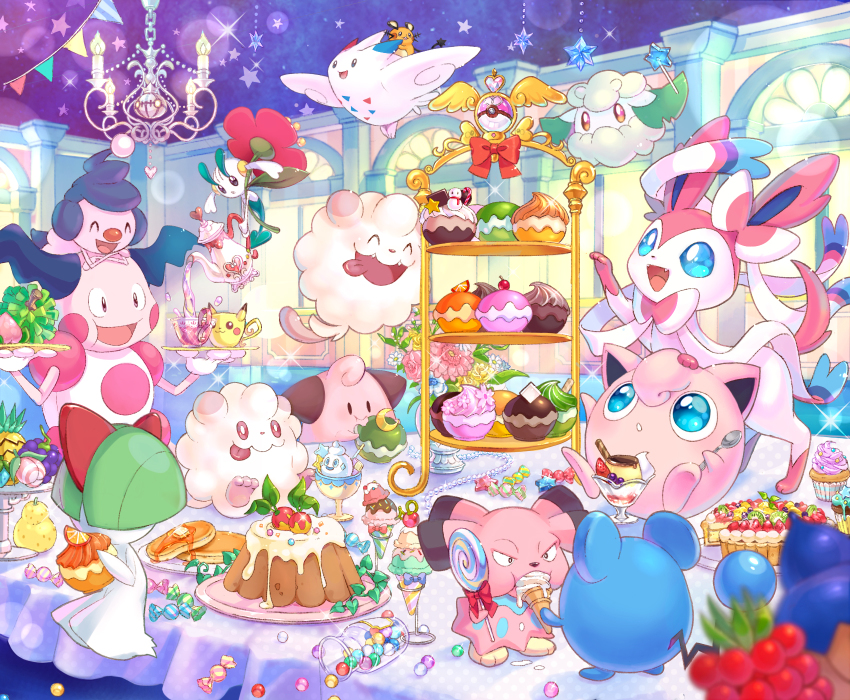 blue_eyes candy chandelier chandelure cleffa commentary_request cottonee creatures_(company) cup cupcake dedenne eating fangs floette floette_(red_flower) food game_freak gen_1_pokemon gen_2_pokemon gen_3_pokemon gen_4_pokemon gen_5_pokemon gen_6_pokemon highres holding holding_spoon indoors jigglypuff marill mime_jr. mr._mime nintendo open_mouth pikachu poke_puff pokemon pokemon_(creature) pouring ralts riding riding_pokemon sakura_shiori sitting smile snubbull sparkle spoon star_(symbol) swirlix sylveon teacup teapot togekiss tongue tongue_out vanillite