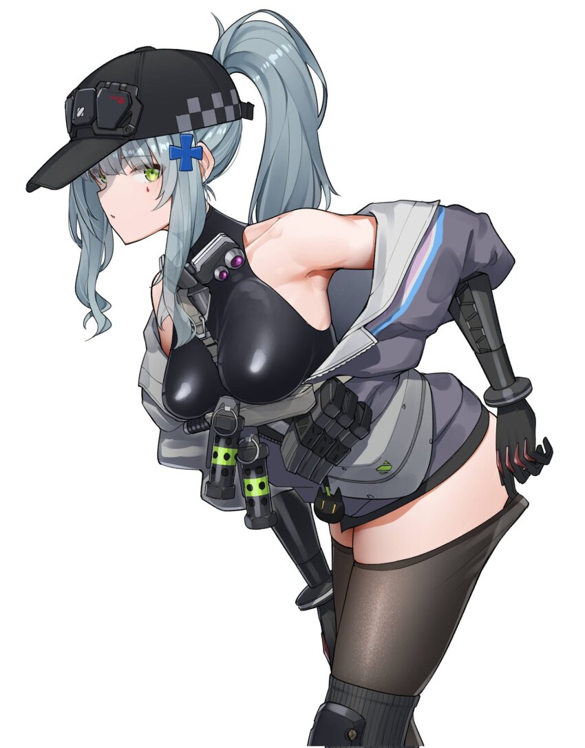 1girl aqua_hair bare_shoulders baseball_cap black_bodysuit black_thighhighs bodysuit flashbang from_side girls&#039;_frontline girls&#039;_frontline_2:_exilium hat highres hk416_(girls&#039;_frontline) klukai_(girls&#039;_frontline_2) leaning_forward looking_at_viewer magazine_(weapon) off_shoulder partially_unzipped ponytail ringobatake sleeveless_turtleneck_bodysuit solo tattoo teardrop teardrop_facial_mark teardrop_tattoo thighhighs thighhighs_pull white_background