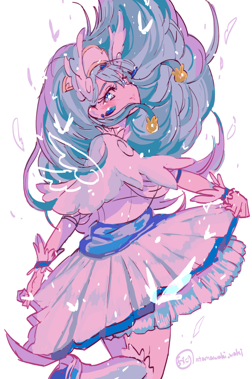 1girl angel_wings atari_(atamawaki_waki) beads blue_eyes blue_hair blue_sash blue_shoes blue_socks blue_wrist_cuffs capelet circlet cowboy_shot cure_ange drawn_wings dress earrings feathers floating_clothes floating_hair frilled_dress frilled_socks frilled_wrist_cuffs frills from_behind hair_beads hair_between_eyes hair_floating_upwards hair_ornament hairband head_tilt heart heart_hair_ornament highres hugtto!_precure jewelry kneehighs leg_up light_particles lipstick long_hair looking_at_viewer looking_back magical_girl makeup mini_wings parted_lips pink_lips pleated_dress precure sash shoes short_dress short_sleeves signature simple_background skirt_hold smile socks solo teeth very_long_hair waist_sash white_background white_capelet white_dress white_hairband wing_hair_ornament wings wrist_cuffs yakushiji_saaya