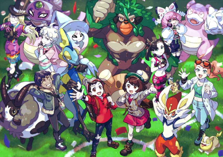 4boys 4girls :d ahoge asymmetrical_bangs asymmetrical_gloves avery_(pokemon) backpack bag beanie bede_(pokemon) black_choker black_headwear black_legwear black_pants black_shirt blonde_hair boots bracelet brown_bag brown_eyes brown_footwear brown_hair buttons cable_knit cardigan choker cinderace collared_dress collared_shirt commentary_request confetti curly_hair dark-skinned_male dark_skin denim dress dubwool dusk_ball dynamax_band eyewear_on_head fur-trimmed_jacket fur_jacket fur_trim galarian_slowbro galarian_slowking gen_8_pokemon glasses gloria_(pokemon) gloves grass green_eyes green_headwear green_legwear green_shirt grey_cardigan grey_headwear hair_ornament hair_ribbon hands_up hat hatterene heart heart_hair_ornament highres holding holding_poke_ball hood hooded_cardigan hop_(pokemon) inteleon jacket jeans jewelry klara_(pokemon) komame_(st_beans) lab_coat leggings long_hair looking_at_viewer looking_up marnie_(pokemon) midriff mismatched_gloves morpeko morpeko_(full) multiple_boys multiple_girls nintendo official_alternate_costume open_mouth orange_hair pants partially_fingerless_gloves pink_dress pink_hair pink_shirt plaid_clothes plaid_legwear poke_ball poke_ball_(basic) pokemon pokemon_(creature) pokemon_swsh purple_hair red_ribbon red_shirt ribbed_shirt ribbon rillaboom round_eyewear shirt shoes short_hair short_sleeves shorts side_ponytail single_glove sleeves_rolled_up smile socks sonia_(pokemon) sports_bra standing sunglasses tam_o&#039;_shanter thighhighs tied_shirt tongue top_hat torn_clothes torn_jeans torn_pants twintails undershirt victor_(pokemon) white_jacket yamper yellow_eyes