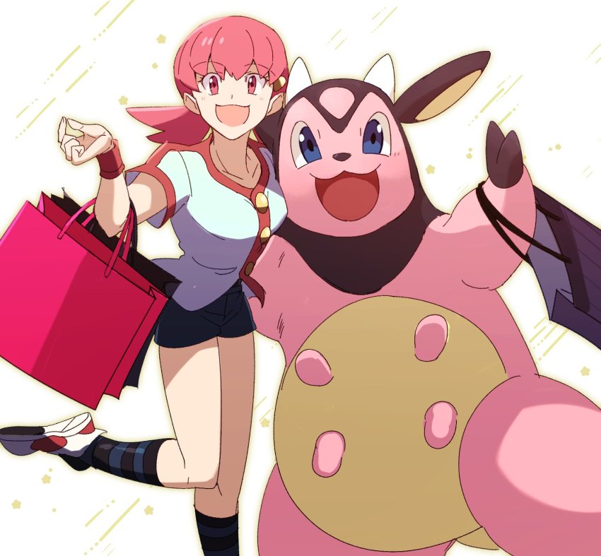 1girl :d bag buttons collarbone commentary_request eyelashes gen_2_pokemon gym_leader hand_up highres leg_up long_hair looking_at_viewer miltank morio_(poke_orio) nintendo open_mouth pink_bag pink_eyes pink_hair pokemon pokemon_(creature) pokemon_hgss shoes short_sleeves shorts smile socks striped_clothes striped_legwear striped_socks twintails white_footwear whitney_(pokemon) wristband