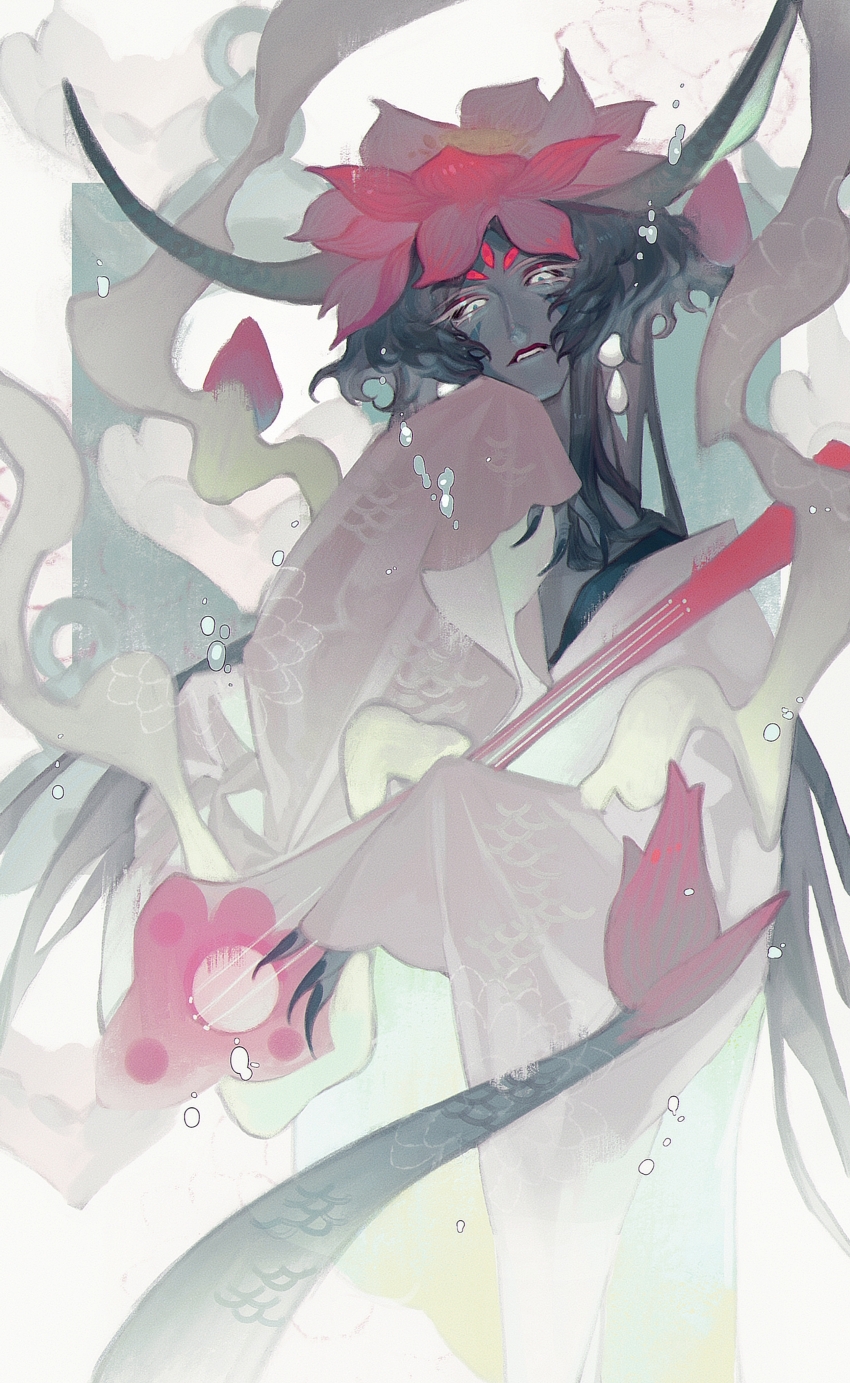 1other absurdres aqua_hair biting_own_lip black_sclera bozi_(labochushi) bubble cloak closed_mouth colored_eyelashes colored_sclera cookie_run cookie_run:_ovenbreak cowboy_shot curled_horns downturned_eyes earrings extra_eyes eyeshadow facial_mark fangs film_grain floating_clothes flower flower_hat forehead_mark furisode_sleeves glowing_markings hagoromo hand_on_own_chin hand_up highres holding holding_instrument horns humanization instrument jewelry lipstick_mark_on_cheek long_hair long_horns looking_down lotus lotus_dragon_cookie makeup monster monsterification other_focus over_shoulder pink_flower red_eyeshadow scales shawl sidelocks solo spot_color tail tall triangle triangle_facial_mark very_long_fingernails very_long_hair white_cloak white_eyelashes white_eyes wolf_cut