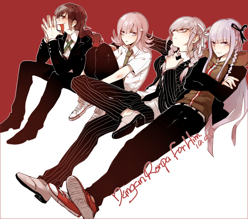 10s 4girls braid brown_hair cosplay crossed_arms danganronpa:_trigger_happy_havoc danganronpa_(series) danganronpa_2:_goodbye_despair flipped_hair formal_clothes fukawa_toko genocider_shou glasses hair_ornament hair_ribbon hairclip hinata_hajime hinata_hajime_(cosplay) hood hoodie kirigiri_kyoko kuzuryu_fuyuhiko_(cosplay) kuzuryu_fuyuhiko long_hair long_tongue multiple_girls naegi_makoto naegi_makoto_(cosplay) nanami_chiaki necktie pekoyama_peko pink_eyes pink_hair purple_hair qinnye red_eyes ribbon silver_hair single_braid smile suit togami_byakuya togami_byakuya_(cosplay) tongue tongue_out twin_braids