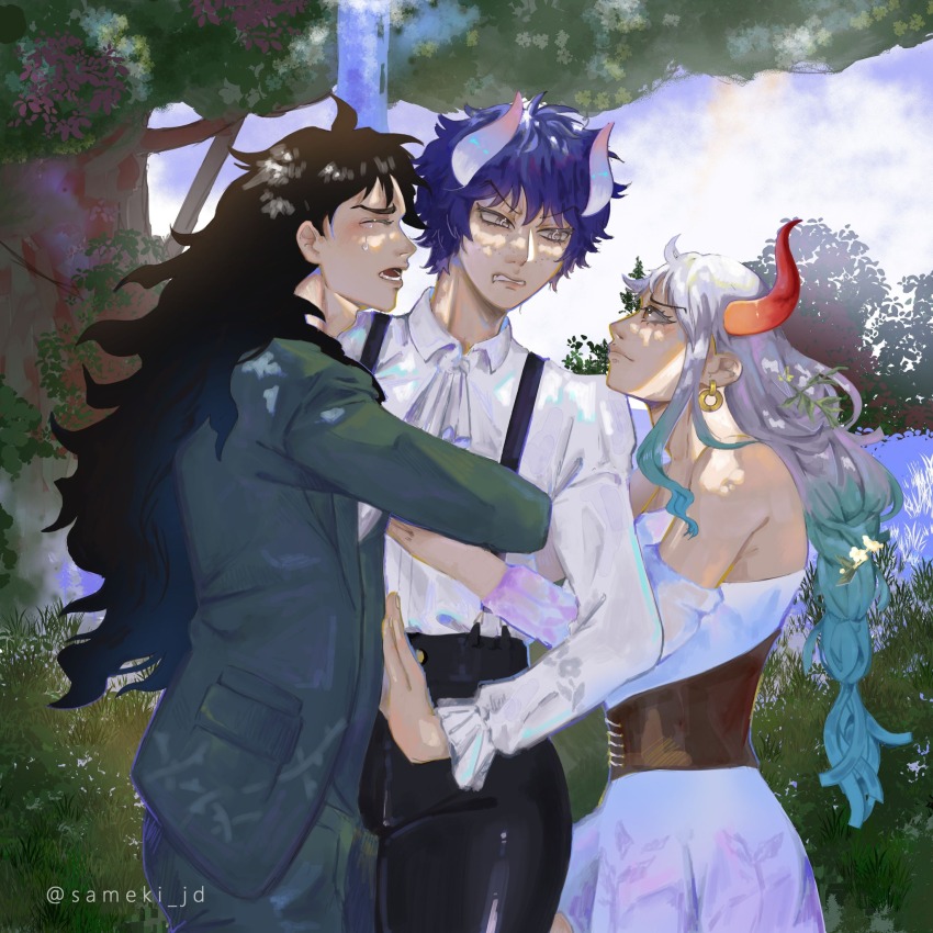 1girl 2boys alternate_costume aqua_hair artist_name bare_shoulders black_hair closed_eyes closed_mouth cloud cloudy_sky crying curled_horns dress earrings formal_clothes freckles highres horns hug jewelry kouzuki_momonosuke long_hair long_sleeves looking_at_another multicolored_hair multiple_boys off-shoulder_dress off_shoulder one_piece oni open_mouth orange_horns original outdoors purple_hair red_horns sameki_jd shirt short_hair sky suit tears twitter_username two-tone_hair wavy_hair white_hair white_shirt yamato_(one_piece)