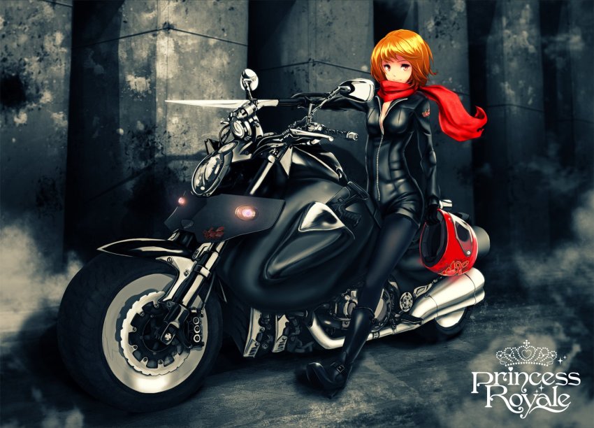 1girl ankle_boots belt_boots boots breasts brown_eyes brown_hair cleavage female_focus gloves gun high_heel_boots high_heels infinote motor_vehicle motorcycle original pantyhose princess_royale scarf solo vehicle weapon