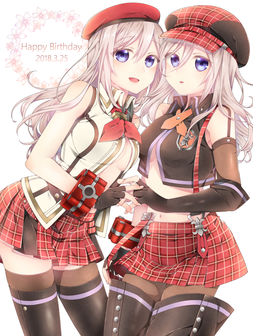2girls :d alisa_ilinichina_amiella arm_garter asymmetrical_gloves bare_shoulders beret black_gloves black_legwear black_vest blue_eyes boots bracer breasts cabbie_hat cherry_blossoms cleavage collared_shirt commentary cowboy_shot cropped_vest dated dual_persona elbow_gloves fingerless_gloves gloves god_eater god_eater_2:_rage_burst god_eater_burst hair_between_eyes happy_birthday hat highres interlocked_fingers io_(1033k) long_hair looking_at_viewer medium_breasts midriff multiple_girls navel neckerchief open_mouth pantyhose parted_lips partially_unbuttoned plaid_clothes plaid_headwear plaid_skirt red_headwear red_neckerchief red_skirt shirt sidelocks silver_hair simple_background single_elbow_glove skindentation skirt sleeveless sleeveless_shirt smile standing stomach suspender_skirt suspenders suspenders_slip thigh_boots thighhighs underboob vest white_background white_legwear zettai_ryouiki
