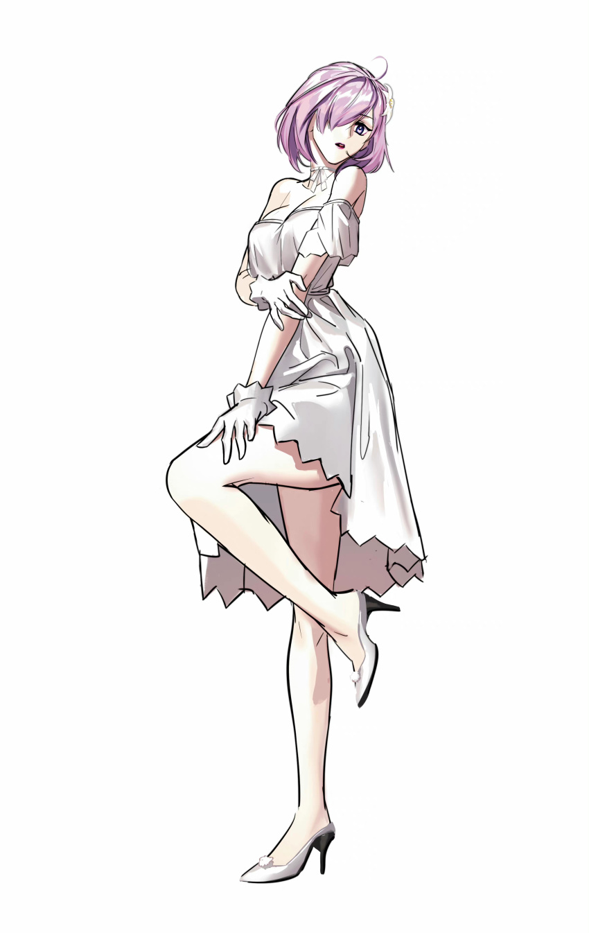 1girl absurdres bare_shoulders breasts chinese_commentary choker cleavage commentary_request dress fate/grand_order fate_(series) flower full_body gloves hair_flower hair_ornament hair_over_one_eye high_heels highres mash_kyrielight mash_kyrielight_(formal_dress) medium_breasts medium_dress pink_eyes pink_hair red_lips shinkaifuyuki simple_background solo standing standing_on_one_leg strapless strapless_dress white_background white_choker white_footwear white_gloves