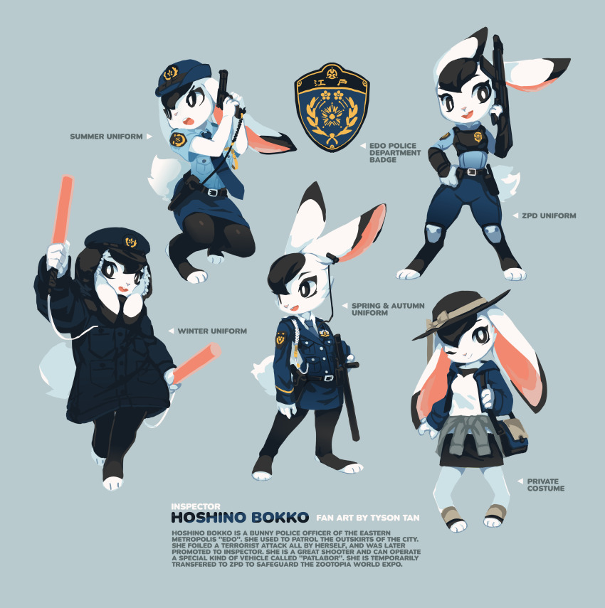 1girl 2016 absurdres animal_ears arm_guards assault_rifle bag baton_(weapon) belt black_eyes black_hair black_leggings bodysuit bokko_(wonder_three) breasts bulletproof_vest chinese_commentary closed_mouth coat commentary contrapposto crossover digitigrade english_commentary formal_clothes furry furry_female gun hand_on_own_hip handgun hat head_tilt highres holding holding_gun holding_weapon jacket knee_guards krita_(medium) lavalier_microphone leggings light_smile looking_at_viewer looking_to_the_side medium_breasts multiple_views necktie open_mouth parted_lips pocket police police_badge police_hat police_uniform policewoman rabbit rabbit_ears rabbit_girl rabbit_tail raised_inner_eyebrows reference_sheet rifle shirt shoulder_bag simple_background skirt smile standing standing_on_one_leg tail toeless_legwear tsurime tyson_tan v-shaped_eyebrows weapon white_shirt wonder_three zootopia