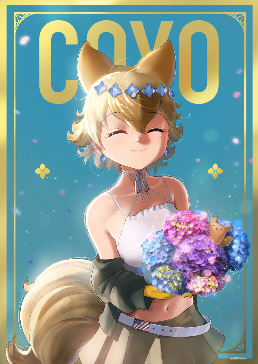 1girl american_flag animal_ears bare_shoulders beleven belt black_jacket blonde_hair blue_background bouquet bow bowtie brown_hair brown_skirt choker closed_eyes cowboy_shot coyote_(kemono_friends) earrings extra_ears flower gloves hair_between_eyes head_wreath highres hydrangea jacket jewelry kemono_friends kemono_friends_v_project midriff multicolored_hair navel off-shoulder_jacket off_shoulder pleated_skirt shirt short_hair sidelocks skirt sleeveless smile solo spaghetti_strap tail upper_body virtual_youtuber white_belt white_bow white_bowtie white_choker white_hair white_shirt wolf_ears wolf_girl wolf_tail yellow_gloves