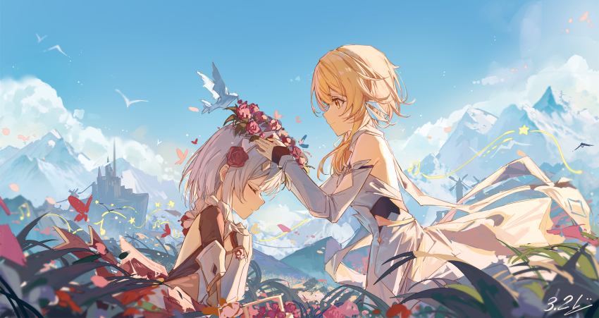 2girls armor bare_shoulders bird black_gloves blonde_hair blue_sky closed_eyes closed_mouth dated dated_commentary detached_sleeves dress facing_down fingerless_gloves floating_hair flower gauntlets genshin_impact gloves grey_hair hair_flower hair_ornament highres kneeling long_sleeves looking_at_another lumine_(genshin_impact) multiple_girls noelle_(genshin_impact) outdoors pigeon red_flower red_rose rose short_hair short_hair_with_long_locks sidelocks sky smile standing white_dress yajuu yellow_eyes