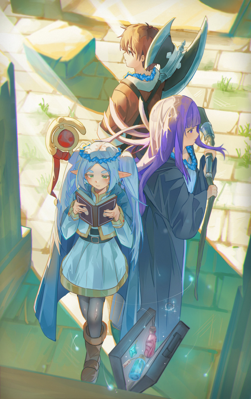 1boy 2girls absurdres axe battle_axe belt black_pantyhose book boots brown_boots closed_mouth commentary elf fern_(sousou_no_frieren) frieren green_eyes head_wreath highres holding holding_book holding_staff long_hair looking_ahead multiple_girls outdoors pantyhose pointy_ears purple_hair red_hair skirt smile snoeflaefk sousou_no_frieren sparkle staff stark_(sousou_no_frieren) thick_eyebrows twintails weapon white_skirt