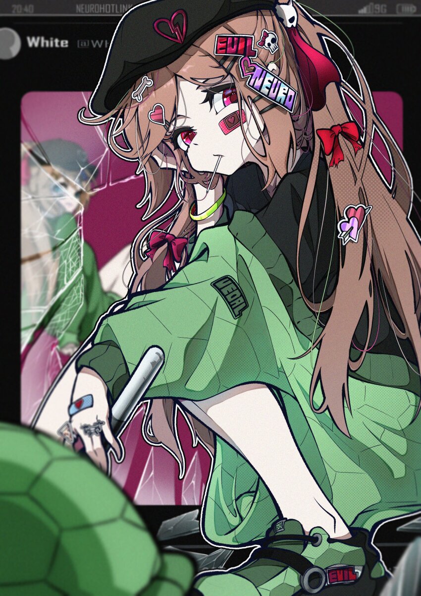 2girls absurdres alternate_costume black_hat black_shirt bow brown_hair evil_neuro-sama green_jacket green_shoes hair_bow hair_ribbon hat highres jacket long_hair looking_at_viewer multiple_girls neuro-sama off_shoulder red_bow red_eyes red_ribbon ribbon shirt shoes solo_focus squatting sticker sticker_on_face vedal_ai virtual_youtuber white45838787