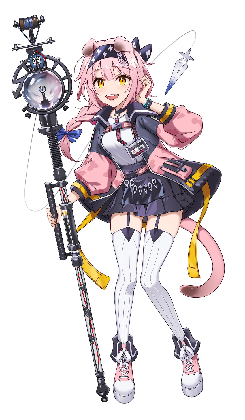 1girl absurdres animal_ears arknights black_hairband black_jacket black_skirt cat_ears cat_girl cat_tail floppy_ears full_body goldenglow_(arknights) hairband highres holding holding_weapon id_card jacket lightning_bolt_print long_hair looking_at_viewer multicolored_jacket object_in_pocket open_mouth pink_hair pink_jacket pink_shoes pocket print_hairband scottish_fold shirt shoes simple_background skirt solo standing tail thighhighs two-tone_jacket weapon white_background white_shirt white_thighhighs yellow_eyes yeong_r6