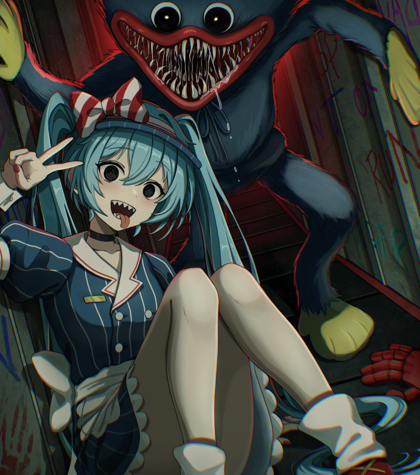 1girl absurdres aqua_hair black_choker black_eyes blue_dress choker dilated_pupils dress drooling feet_out_of_frame hatsune_miku highres hollow_eyes huggy_wuggy indoors long_hair looking_at_viewer mesmerizer_(vocaloid) monster nail_polish nested_mouths open_mouth pale_skin pinstripe_dress pinstripe_hat pinstripe_pattern poppy_playtime puffy_short_sleeves puffy_sleeves red_nails sharp_teeth short_sleeves sitting smile suoniko teeth tongue tongue_out trait_connection twintails v very_long_hair visor_cap vocaloid