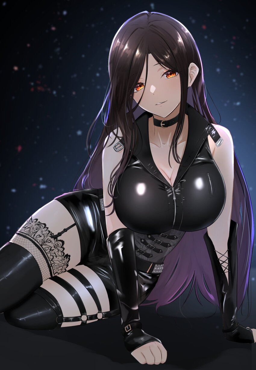 1girl absurdres asymmetrical_legwear bare_shoulders belt black_corset black_hair breasts cleavage corset gradient_hair highres lace lace-trimmed_legwear lace_trim large_breasts long_hair looking_at_viewer multicolored_hair nijisanji orange_eyes shirayuki_tomoe shirayuki_tomoe_(9th_costume) shorts smile solo tchai_covsky thighhighs virtual_youtuber