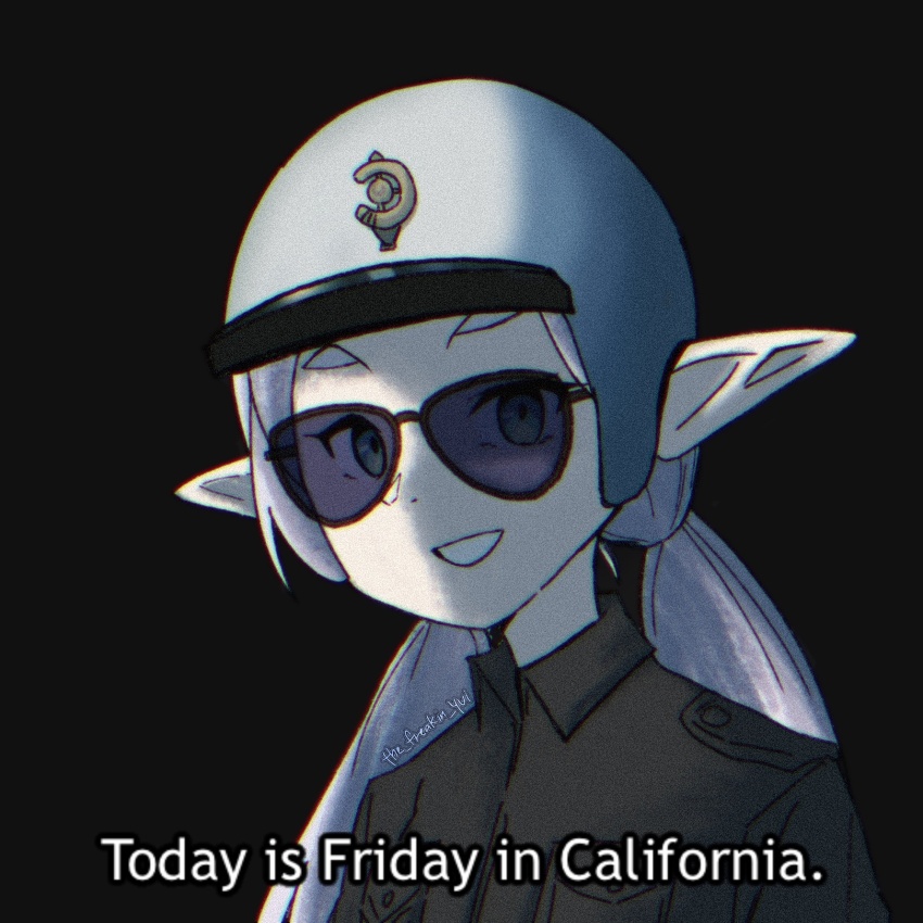 1girl artist_name black_background commentary elf english_commentary english_text film_grain frieren green_eyes grin heavy_film_grain helmet highres long_hair looking_at_viewer low_twintails meme ninja_sentai_kakuranger pointy_ears police police_uniform policewoman portrait purple-tinted_eyewear simple_background smile solo sousou_no_frieren subtitled sunglasses super_sentai teeth the_freakin_yui tinted_eyewear today_is_friday_in_california_(meme) twintails very_long_hair watermark