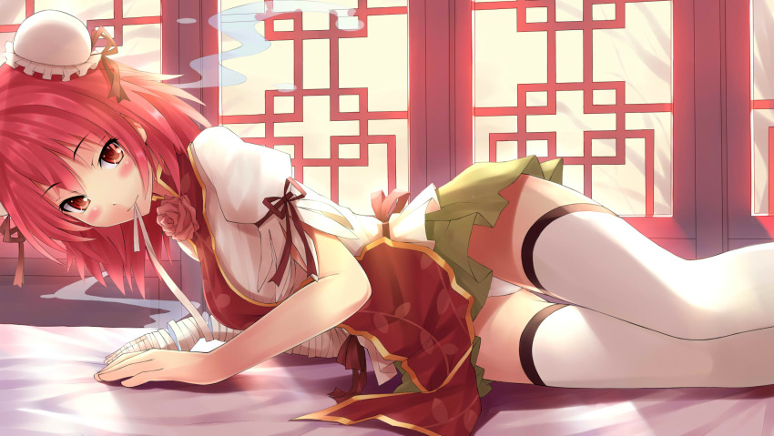1girl bad_id bad_pixiv_id bandages bed blush bow bun_cover chinese_clothes double_bun female_focus flower hair_bun highres ibaraki_kasen lying mouth_hold mushroom mushroom_(artist) panties pantyshot pink_eyes pink_hair rose short_hair skirt smile smoke solo tabard thighhighs tougou touhou underwear upskirt white_panties white_thighhighs