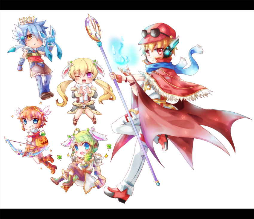 2boys 3girls animal_ears black_sleeves blonde_hair blue_fire blue_gloves blue_hair blush boots bow_(weapon) brown_boots brown_gloves brown_pants capelet champion_(ragnarok_online) chibi closed_mouth clover coat commentary crop_top detached_sleeves english_commentary expressionless eyewear_on_headwear fingerless_gloves fire floppy_ears four-leaf_clover full_body fur-trimmed_capelet fur-trimmed_gloves fur-trimmed_shirt fur-trimmed_sleeves fur_trim gloves hat heart heart_hands high_wizard_(ragnarok_online) himitsu_(dark_nao) holding holding_bow_(weapon) holding_staff holding_weapon hood hooded_coat letterboxed long_hair looking_at_viewer low_twintails multiple_boys multiple_girls open_mouth pants purple_eyes pyrokinesis rabbit_ears rabbit_girl ragnarok_online red_capelet red_hat robot_ears scarf shirt short_hair simple_background sleeveless sleeveless_coat sleeveless_shirt smile sniper_(ragnarok_online) staff stalker_(ragnarok_online) sunglasses twintails weapon white_background white_coat white_gloves white_pants white_scarf white_shirt yellow_eyes