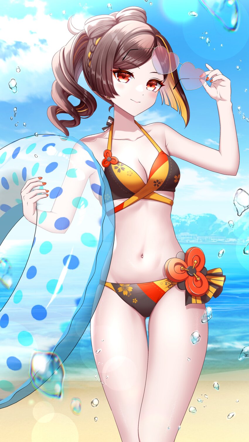 1girl absurdres alternate_costume arm_up bare_shoulders beach bikini blue_innertube blue_sky breasts brown_bikini brown_hair brown_panties chiori_(genshin_impact) cleavage cloud day drill_hair feet_out_of_frame fingernails genshin_impact heart heart-shaped_eyewear highres holding holding_removed_eyewear holding_swim_ring innertube light_blush long_fingernails looking_at_viewer medium_breasts multicolored_bikini multicolored_hair multicolored_panties nail_polish orange_eyes orange_nails outdoors panties pink-tinted_eyewear red_bikini red_panties sky smile solo swim_ring swimsuit tateko25wiz tinted_eyewear two-tone_hair underwear unworn_eyewear water water_drop yellow_bikini yellow_panties