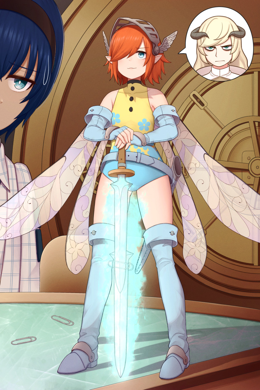 1girl 2boys absurdres atorie bare_shoulders belt black_hairband blonde_hair blue_belt blue_eyes blue_gloves blue_hair buttons closed_mouth commentary_request dark-skinned_male dark_skin detached_sleeves fairy fairy_wings fingerless_gloves gallica_(metaphor:_refantazio) gloves glowing glowing_sword glowing_weapon grey_horns hair_over_one_eye hairband highres holding holding_sword holding_weapon horns indoors jacket leotard long_hair looking_at_another louis_(metaphor:_refantazio) metaphor:_refantazio mini_person minigirl multiple_boys one_eye_covered orange_hair paper_clip planted planted_sword planted_weapon pointy_ears protagonist_(metaphor:_refantazio) short_hair size_difference smile smug sweatdrop sword very_long_hair weapon white_jacket wings