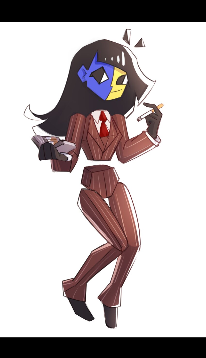 1girl absurdres atano_de black_eyes black_gloves black_hair blue_skin cigarette closed_mouth colored_skin commentary cosplay ena_(ena) ena_(series) ena_(web_series) english_commentary formal_clothes full_body gloves highres holding holding_cigarette jacket long_hair multicolored_skin necktie pants red_jacket red_necktie red_pants red_spy_(tf2) simple_background solo spy_(tf2) spy_(tf2)_(cosplay) striped_clothes striped_jacket striped_pants team_fortress_2 two-tone_skin vertical-striped_clothes vertical-striped_jacket vertical-striped_pants white_background yellow_skin