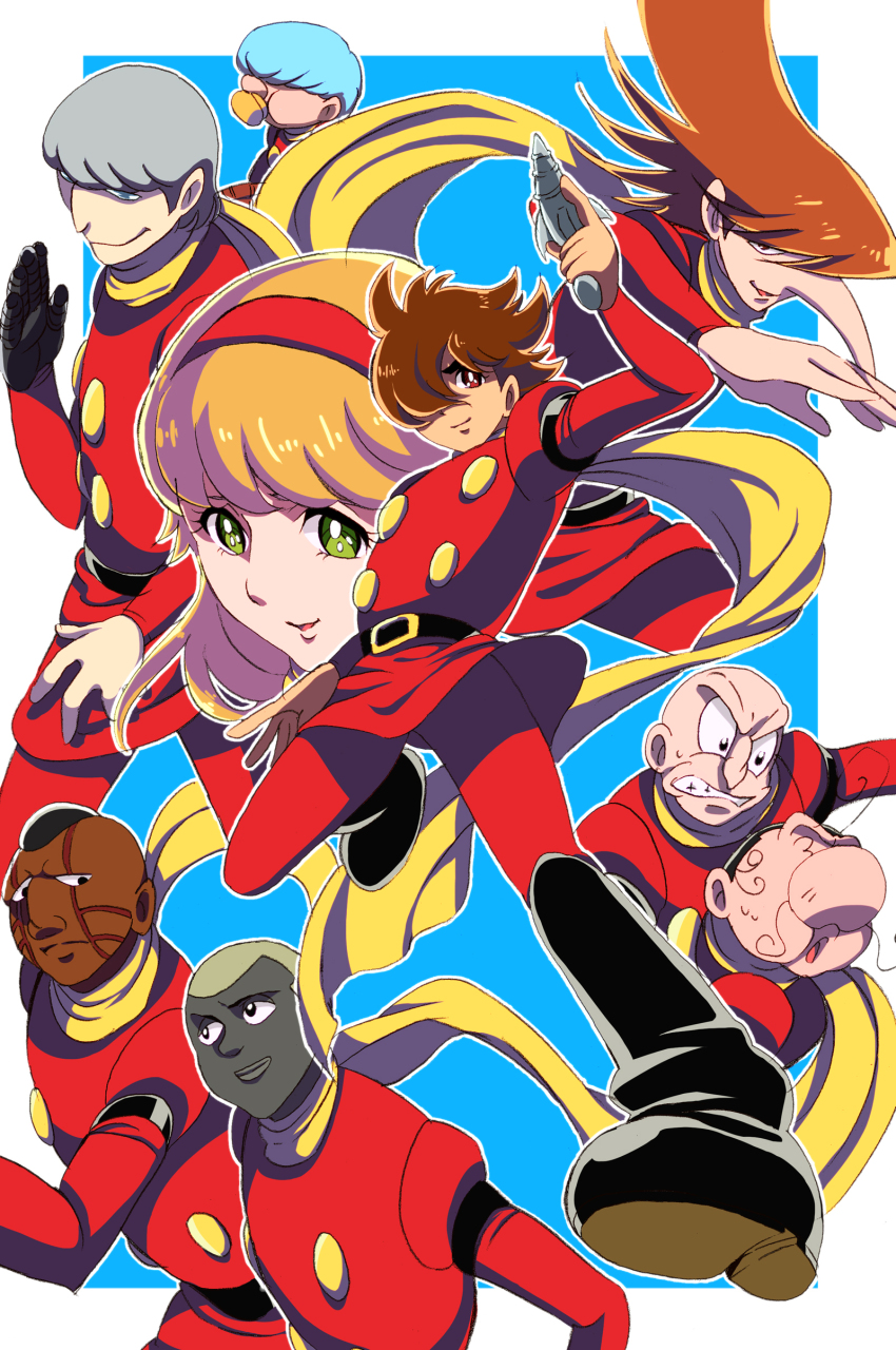 absurdres albert_heinrich black_boots blonde_hair boots brown_hair chang_changku cyborg cyborg_009 formal_clothes francoise_arnoul geronimo_jr great_britain_(cyborg_009) green_eyes hair_over_one_eye hairband highres ivan_whisky jet_link nittama pyunma red_hairband red_suit scarf shimamura_joe suit yellow_scarf