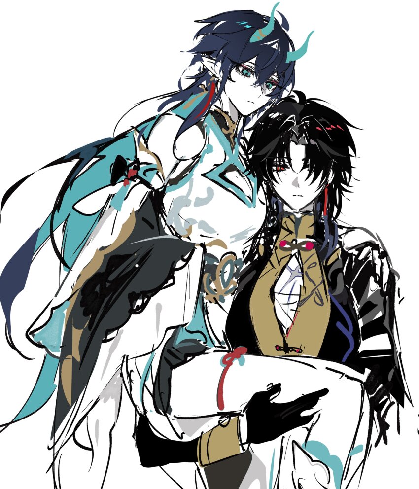 2girls blade_(honkai:_star_rail) carrying carrying_person chinese_clothes dan_heng_(honkai:_star_rail) dan_heng_(imbibitor_lunae)_(honkai:_star_rail) dragon_horns genderswap genderswap_(mtf) hamtaru542899 honkai:_star_rail honkai_(series) horns mors_gn multiple_girls twitter white_background yuri
