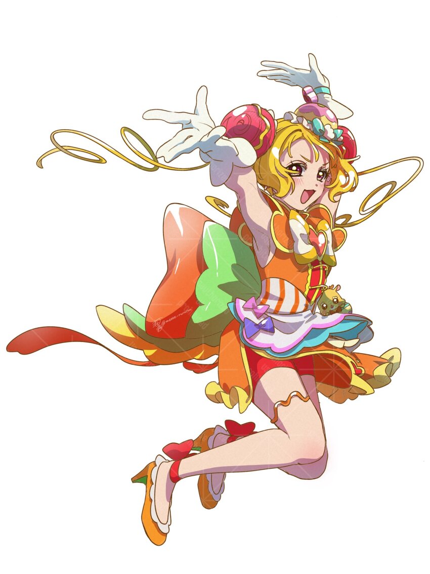 1girl anklet apron armpits bare_arms bare_legs blonde_hair china_dress chinese_clothes cure_yum-yum delicious_party_precure double_bun dress facing_to_the_side facing_viewer floating_hair frilled_dress frilled_skirt frills gloves hair_bun hair_ornament hair_ribbon hanamichi_ran high_heels highres jewelry jumping looking_at_viewer looking_to_the_side mem-mem_(precure) meme_rururu open_mouth parted_bangs precure ribbon shorts skirt sleeveless twintails watch wristwatch