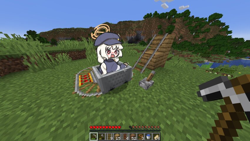 1girl aoba_(blue_archive) blonde_hair blue_archive blush newsboy_cap chibi chibi_only game_screenshot_background grey_hat grey_jacket halo hat highres jacket long_hair looking_at_viewer low_twintails minecart minecraft open_mouth orange_halo railroad_tracks red_eyes screenshot_background solo somgolmae tearing_up twintails