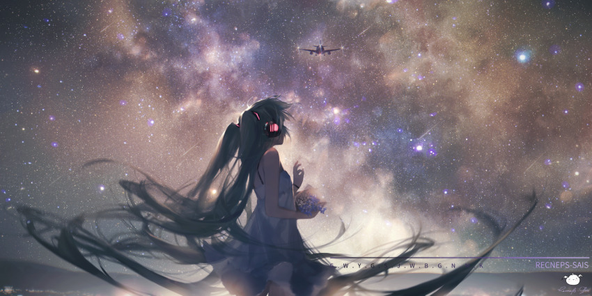 1girl aircraft airplane artist_name backwards_text bare_arms bare_shoulders blue_flower bouquet commentary_request dress facing_away female_focus flower glowing green_hair hatsune_miku headphones highres holding holding_bouquet long_hair night night_sky outdoors sky sleeveless sleeveless_dress solo spencer_sais star_(sky) starry_sky twintails very_long_hair vocaloid white_dress white_flower