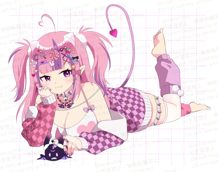 1girl ahoge barefoot blush bone_hair_ornament breasts bubi_(ironmouse) candy_hair_ornament choker cleavage crescent crescent_hair_ornament demon_girl demon_horns demon_tail fang fingerless_gloves fishnet_gloves fishnets food-themed_hair_ornament gloves hair_ornament heart heart_ahoge heart_hair_ornament horns ironmouse ironmouse_outfit_art_contest jacket jewelry large_breasts leg_warmers lollipop_hair_ornament looking_at_viewer multicolored_hair nonochiki pink_hair pointy_ears purple_eyes purple_hair purple_jacket purple_leg_warmers rabbit_hair_ornament ring shirt skin_fang solo spiked_choker spiked_thigh_strap spikes star_(symbol) star_hair_ornament streaked_hair tail thigh_strap virtual_youtuber vshojo white_choker white_shirt x_hair_ornament