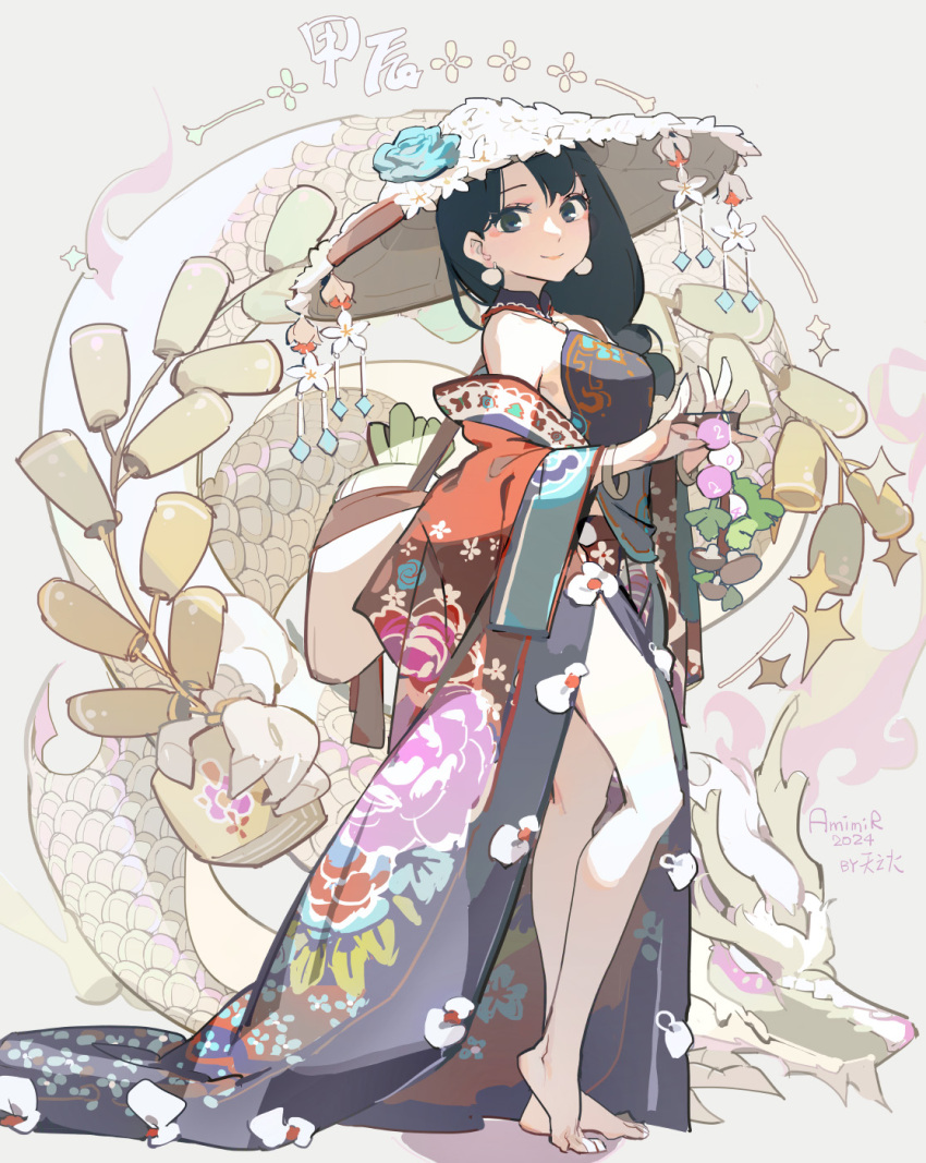1girl 2024 bare_shoulders barefoot black_eyes black_hair bracelet earrings hat highres japanese_clothes jewelry long_hair looking_at_viewer low-tied_long_hair nengajou new_year off_shoulder original rice_hat smile solo tennohi