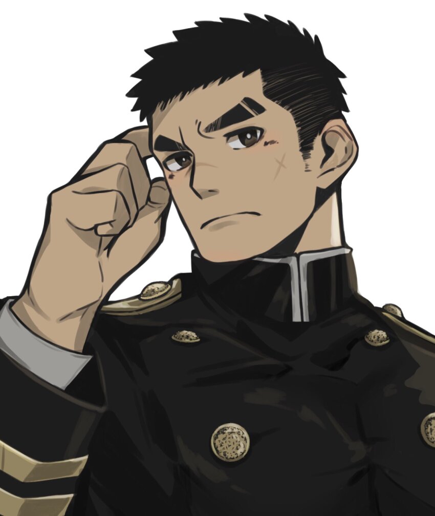 1boy bara black_hair eyebrow_cut facial_scar finger_to_head frown highres large_pectorals light_blush long_sideburns looking_at_viewer louis_tjxx male_focus military_uniform original pectorals scar scar_on_cheek scar_on_face scratching_head short_hair sideburns solo thick_eyebrows upper_body
