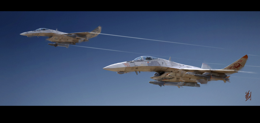 2others absurdres aircraft airplane black_border blue_sky border canopy_(aircraft) commentary contrail english_commentary fighter_jet flying helmet highres letterboxed military military_vehicle missile multiple_others nose_art original outdoors photoshop_(medium) pilot pilot_helmet pvtskwerl realistic shark_nose_art shark_print signature sky vehicle_focus