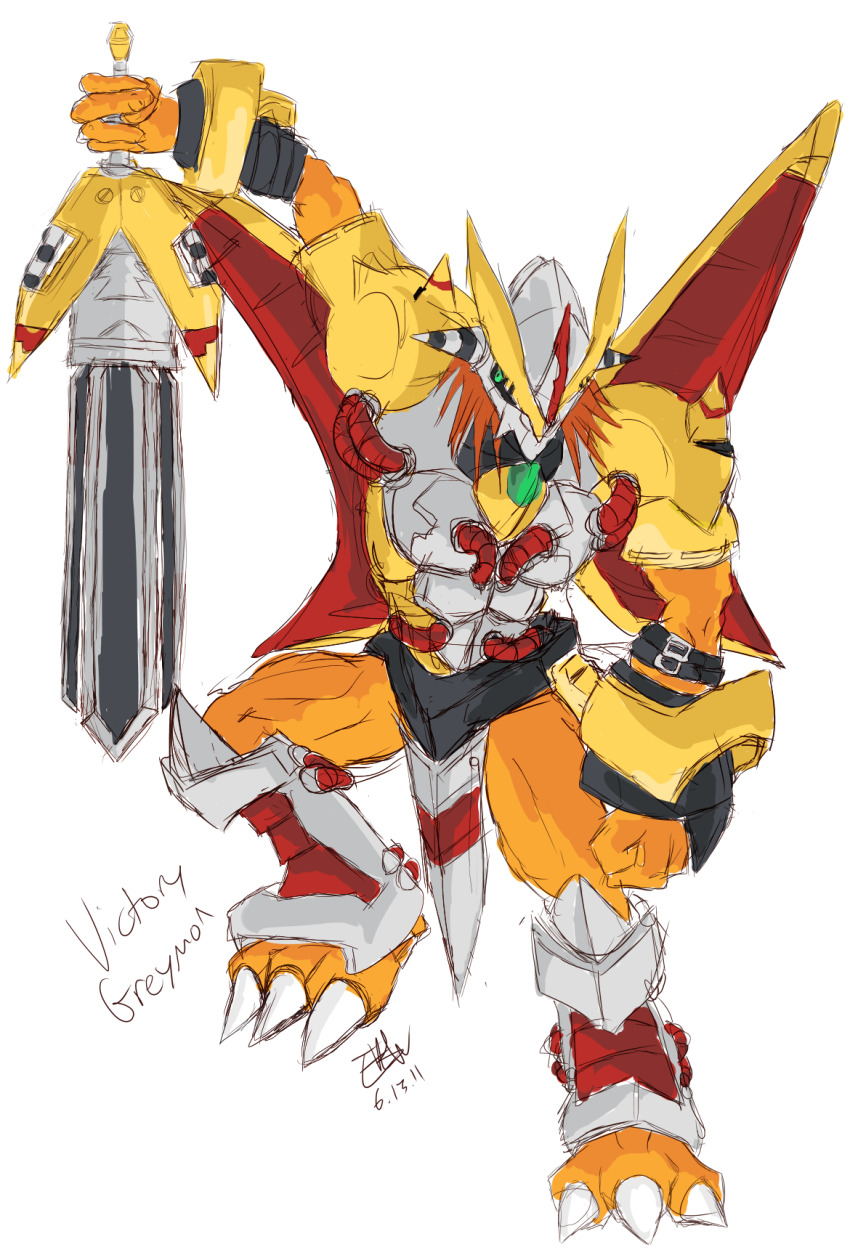 1boy armor claws digimon digimon_(creature) highres horns male_focus solo sword victorygreymon weapon