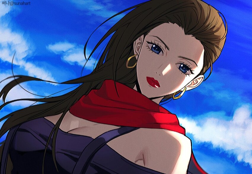1girl battle_tendency black_dress blue_eyes blue_sky brown_hair closed_mouth cloud commentary_request dress dutch_angle earrings eyelashes jewelry jojo_no_kimyou_na_bouken korean_commentary lisa_lisa long_hair looking_at_viewer red_scarf scarf sky solo sun_ah twitter_username upper_body