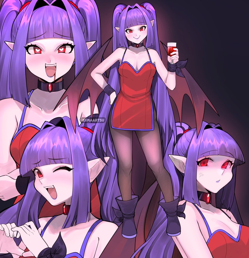 1girl absurdres black_pantyhose blunt_bangs blush breasts cleavage closed_mouth cup drinking_glass fangs hair_intakes heart heart-shaped_pupils highres holding holding_cup kumaartsu long_hair looking_at_viewer medium_breasts multiple_views one_eye_closed open_mouth original pantyhose pointy_ears purple_hair purple_lips red_eyes smile symbol-shaped_pupils teeth twintails upper_teeth_only vampire wine_glass