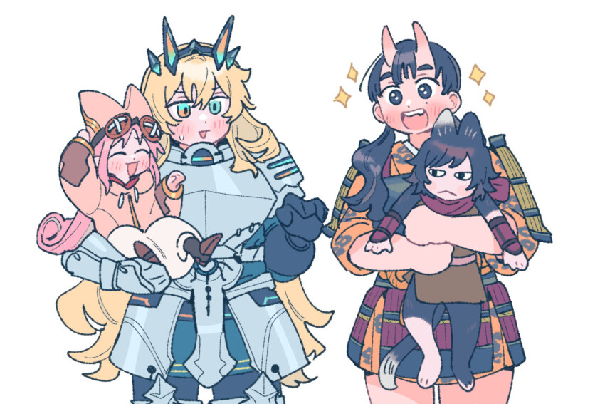 4girls :&lt; :d ^_^ animal_ears aqua_eyes armor baggy_pants barghest_(fate) black_eyes black_fur black_gloves black_hair black_pants blonde_hair blunt_bangs blush bracer breastplate button_eyes buttons cat_ears cat_girl cat_tail chipped_tooth closed_eyes commentary crossover dungeon_meshi english_commentary epaulettes fate/grand_order fate_(series) faulds gloves gorget habetrot_(fate) hair_between_eyes half-closed_eyes hat heterochromia hood hooded_jacket horns inutade izutsumi jacket japanese_armor japanese_clothes kimono knee_pads kusazuri lifting_person loincloth long_hair mole mole_under_eye multiple_girls oneroom-disco oni open_mouth pants pauldrons pink_hair pink_hat pink_jacket plate_armor pointy_ears pointy_footwear red_eyes red_scarf scarf short_hair short_kimono shoulder_armor skin-covered_horns smile sparkle sweatdrop tail tall_female twintails upper_body vambraces very_long_hair wavy_hair white_background white_pants wide_sleeves yellow_kimono