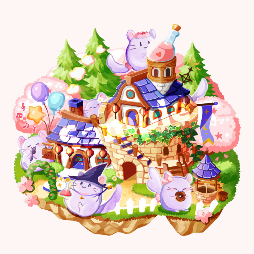 :3 absurdres animal balloon barrel cat chimney chinchilla_(animal) closed_eyes flower food grass hat heart highres holding holding_wand house issiki_toaki lantern musical_note no_humans original pink_flower plant simple_background star_(symbol) tree wand window witch_hat