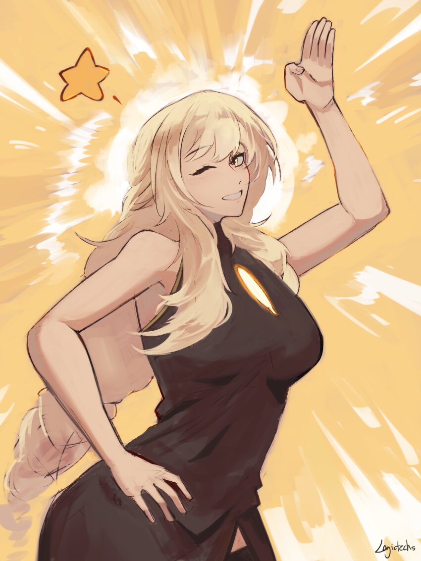 1girl ;d above-cleavage_cutout absurdres black_dress blonde_hair braid breasts clothing_cutout cowboy_shot dress hair_over_shoulder halter_dress halterneck hand_on_own_hip hand_up highres libur logicsterrr long_hair looking_at_viewer one_eye_closed open_mouth player_(manhwa) side_slit single_braid sleeveless sleeveless_dress smile solo twisted_torso very_long_hair waving