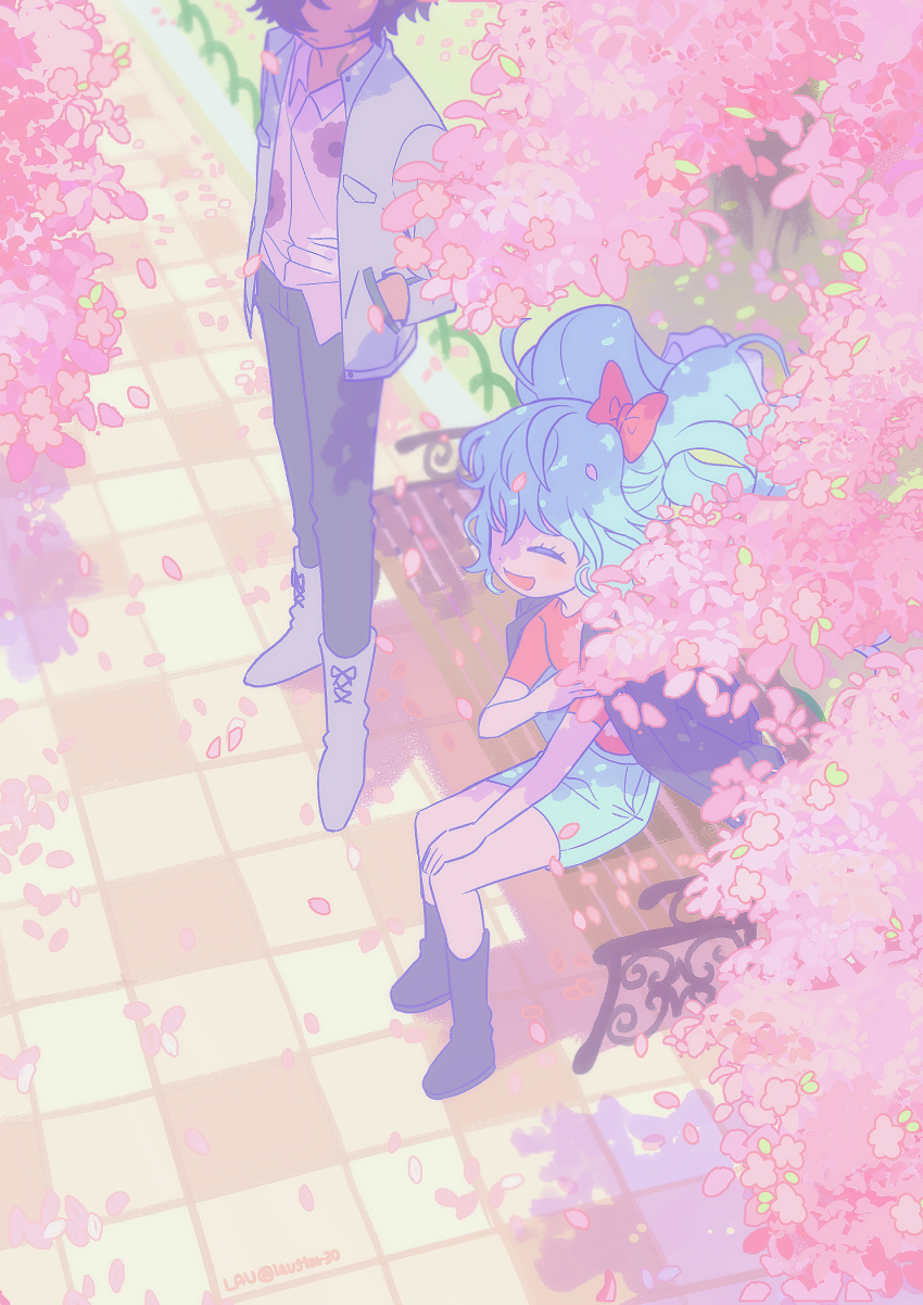 1boy 1girl bench black_boots blue_hair blue_skirt boots bow cherry_blossoms closed_eyes collared_shirt commentary_request dark-skinned_male dark_skin falling_petals from_above full_body grey_boots grey_pants hair_bow hands_in_pockets head_out_of_frame highres idol_land_pripara katasumi_amari lau_(laustar30) long_hair long_sleeves mario_(pripara) on_bench open_mouth orange_shirt outdoors pants park_bench petals pink_bow pretty_series pripara shirt short_hair sitting skirt smile spring_(season) standing tile_floor tiles twintails