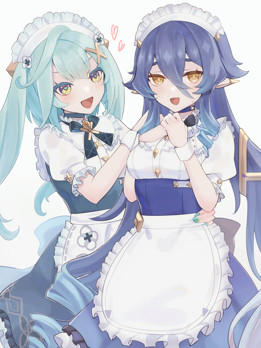 2girls :d absurdres alternate_costume apron aqua_hair aqua_pupils arm_around_waist blue_choker blue_hair blue_ribbon breasts choker commentary_request drill_hair enmaided faruzan_(genshin_cafe_in_seoul)_(genshin_impact) faruzan_(genshin_impact) frilled_apron frills genshin_impact green_nails hair_between_eyes hair_ornament hands_on_own_chest hands_up heart highres layla_(genshin_impact) long_hair maid maid_apron maid_headdress multiple_girls neck_ribbon nervous_smile nervous_sweating official_alternate_costume open_mouth pointy_ears puffy_short_sleeves puffy_sleeves ribbon short_sleeves sidelocks simple_background smile sweat sweatdrop symbol-shaped_pupils triangle-shaped_pupils twintails underbust ura_(hamburg_oniku) waist_apron white_apron white_background white_wrist_cuffs wrist_cuffs x_hair_ornament yellow_eyes