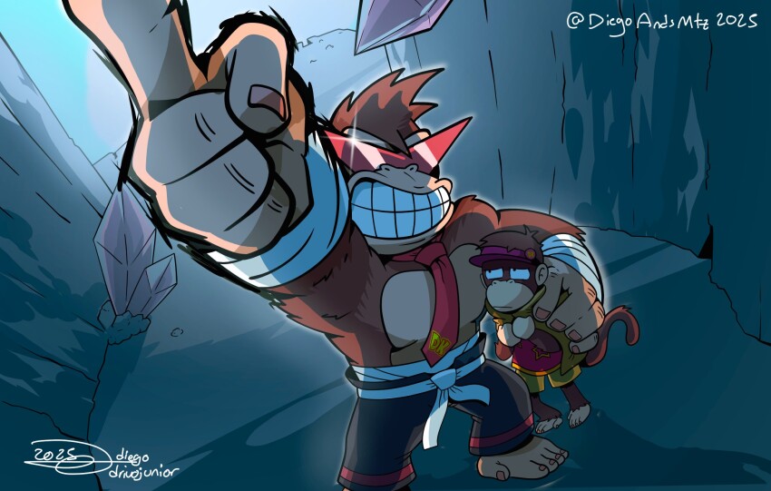 2025 2boys animal_ears cosplay crossover crystal diddy_kong diegoandsmtz donkey_kong donkey_kong_(series) donkey_kong_bananza dutch_angle gorilla highres kamina_(ttgl) kamina_(ttgl)_(cosplay) kamina_pose kamina_shades male_focus monkey_ears monkey_tail multiple_boys necktie nintendo pointing pointing_up red-tinted_eyewear red_necktie signature sparkle standing tail teeth tengen_toppa_gurren_lagann tinted_eyewear visor_cap