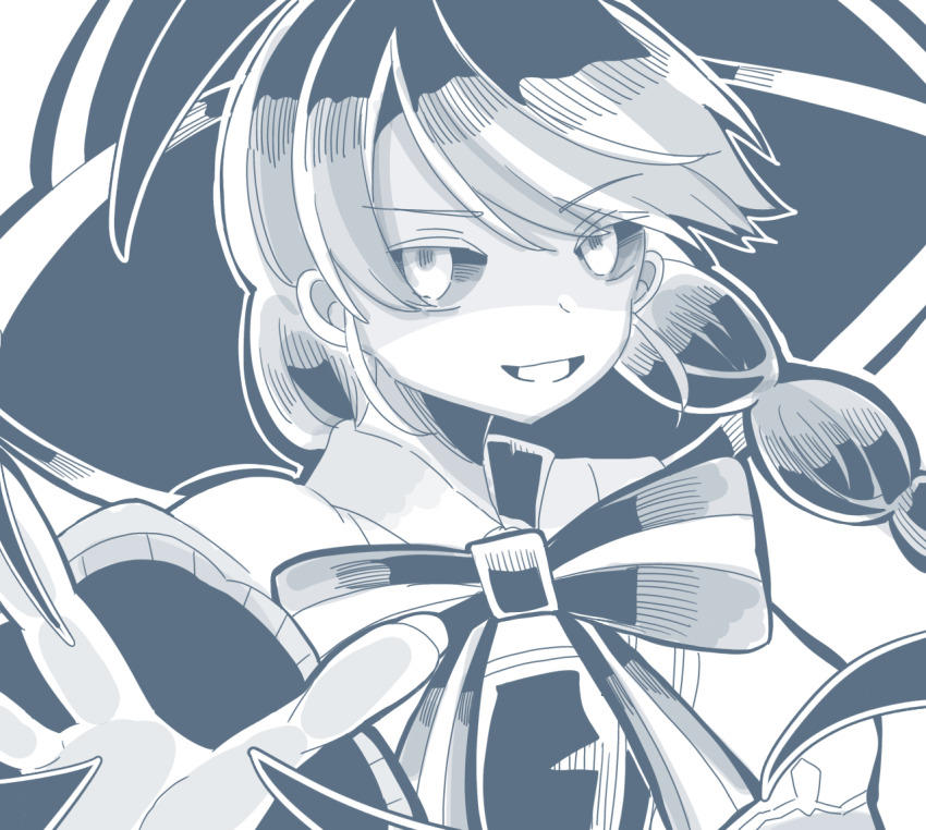 1girl black_sclera braid colored_sclera dress grimms_echoes grin long_hair monochrome outstretched_hand puffy_sleeves ribbon shaded_face smile solo source_request teeth twin_braids upper_body user_sjtw2272 void_dorothy_(grimms_echoes)