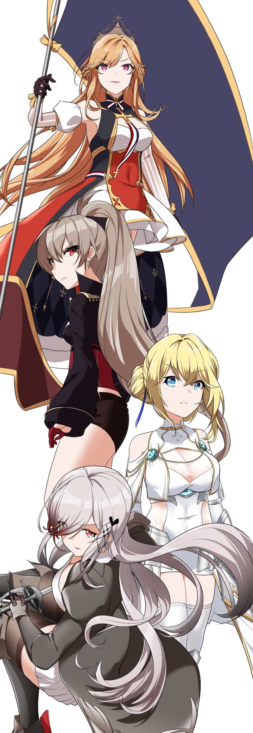 4girls absurdres armor azur_lane blonde_hair blue_eyes blue_gemstone blue_ribbon bracelet braid breast_curtains breasts butterfly_hair_ornament cape choker corset cross cross_choker crown_braid cutoff_jeans cutoffs dress dunkerque_(azur_lane) faulds french_flag gem gloves gold_bracelet gold_choker hair_bun hair_ornament hair_spread_out half_gloves highres iris_libre_(emblem) jean_bart_(azur_lane) jeanne_d&#039;arc_(azur_lane) jewelry large_breasts looking_back maltese_cross multiple_girls purple_eyes rapier red_cape red_corset ribbon richelieu_(azur_lane) single_hair_bun skull_belt sword two-barred_cross vichya_dominion_(emblem) weapon white_dress winterfall_(artenh)