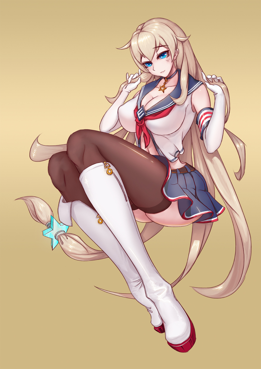 1girl adjusting_hair blonde_hair blue_eyes boots breasts brown_thighhighs choker cleavage elbow_gloves enterprise_(warship_girls_r) female_focus gloves highres knee_boots large_breasts liu_lan long_hair midriff school_uniform serafuku skirt smile solo thighhighs uss_enterprise_(cv-6) very_long_hair warship_girls_r white_boots