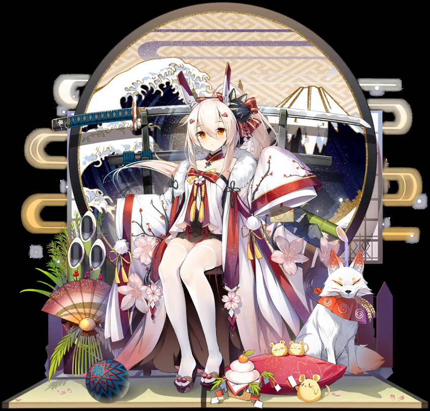 1girl animal ayanami_(azur_lane) ayanami_(pulse_of_the_new_year)_(azur_lane) azur_lane ball bamboo bare_shoulders black_skirt blonde_hair blurry bow detached_collar female_focus fine_art_parody folding_fan fox fox_mask fur_collar hair_bow hair_ornament hand_fan japanese_clothes katana long_hair long_sleeves looking_at_viewer mask mask_on_head miniskirt mountain mouse_(animal) new_year nihonga official_alternate_costume official_art ootsuki_momiji open_clothes orange_eyes oversized_clothes parody pillow pleated_skirt pom_pom_(clothes) ponytail sandals sitting skirt sleeves_past_fingers sleeves_past_wrists solo sword thighhighs transparent_background waves weapon weapon_rack white_thighhighs wide_sleeves zettai_ryouiki zouri