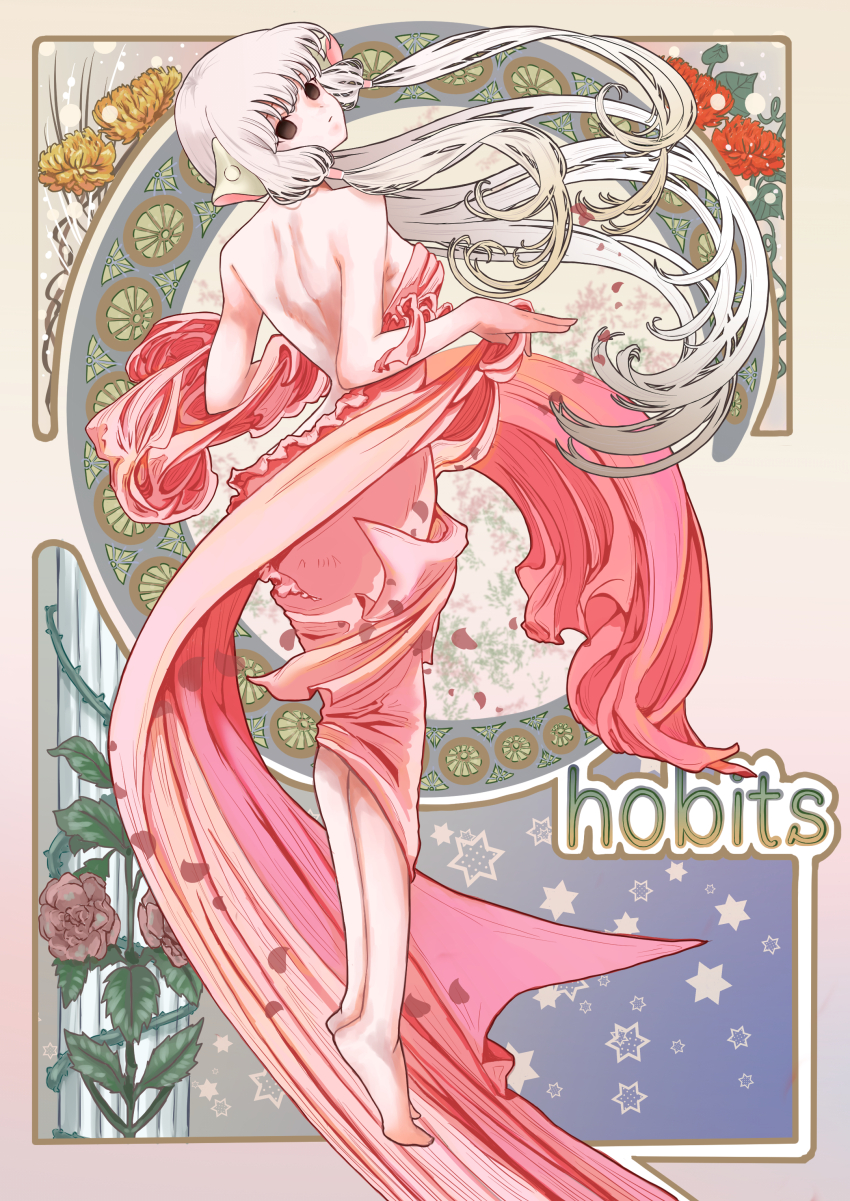 1girl absurdres android art_nouveau bare_shoulders barefoot black_eyes breasts chii chobits clamp_(circle)_(style) copyright_name dress flower full_body highres long_hair looking_at_viewer looking_back pink_dress shiraco_(sgdv2435) small_breasts solo star_(symbol) tiptoes very_long_hair white_hair