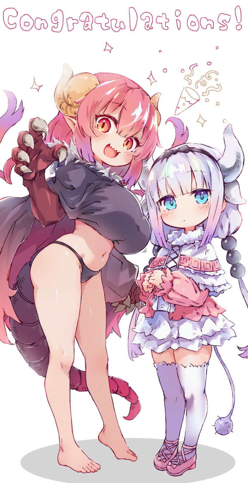 2girls absurdres barefoot blue_eyes breasts dragon_girl dragon_horns highres horns huge_breasts ilulu_(maidragon) kanna_kamui kobayashi-san_chi_no_maidragon kolshica long_hair multiple_girls panties shortstack tail thighhighs twintails underwear